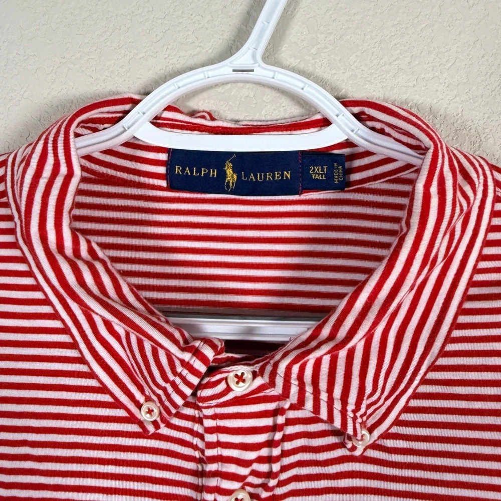 Ralph Lauren Polo Shirt‎ Mens 2XLT Red White Striped Pocket Cotton read